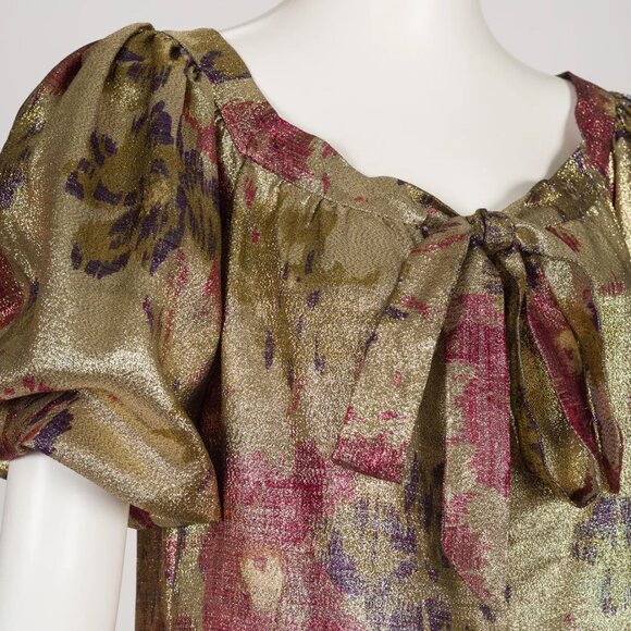 1970s/1980s Vintage Floral Gold Lamé Puff Sleeve Evening Gown Sz L - Picture 5 of 5